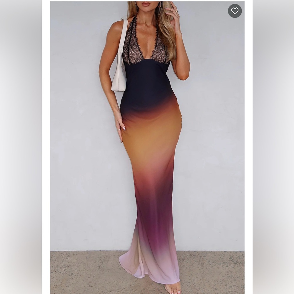 White Fox Boutique Ombre Lace-Trim Maxi Dress in Black, Gold, Purple, Pink